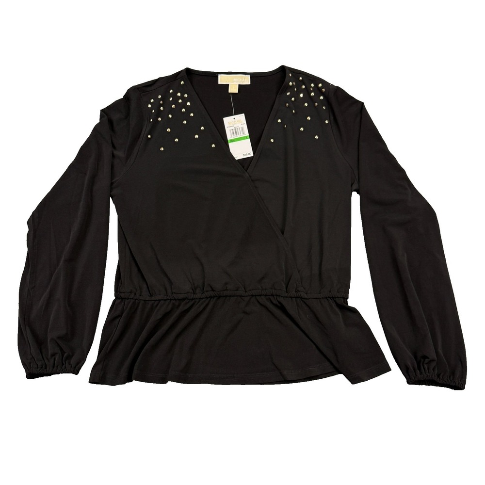 Michael Kors‎ Womens Blouse Size Large Studded V-Neck Top Embellished Banded NWT